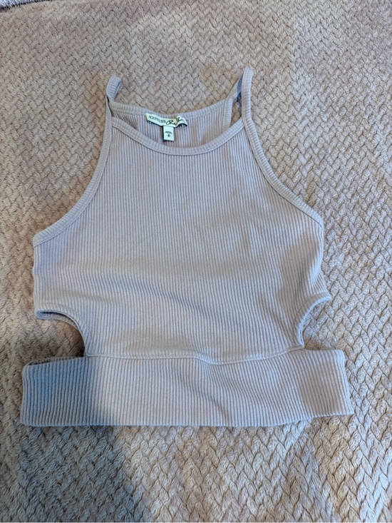 Express Tops - Express Ribbed Cutout Crop Tank Top - Taupe